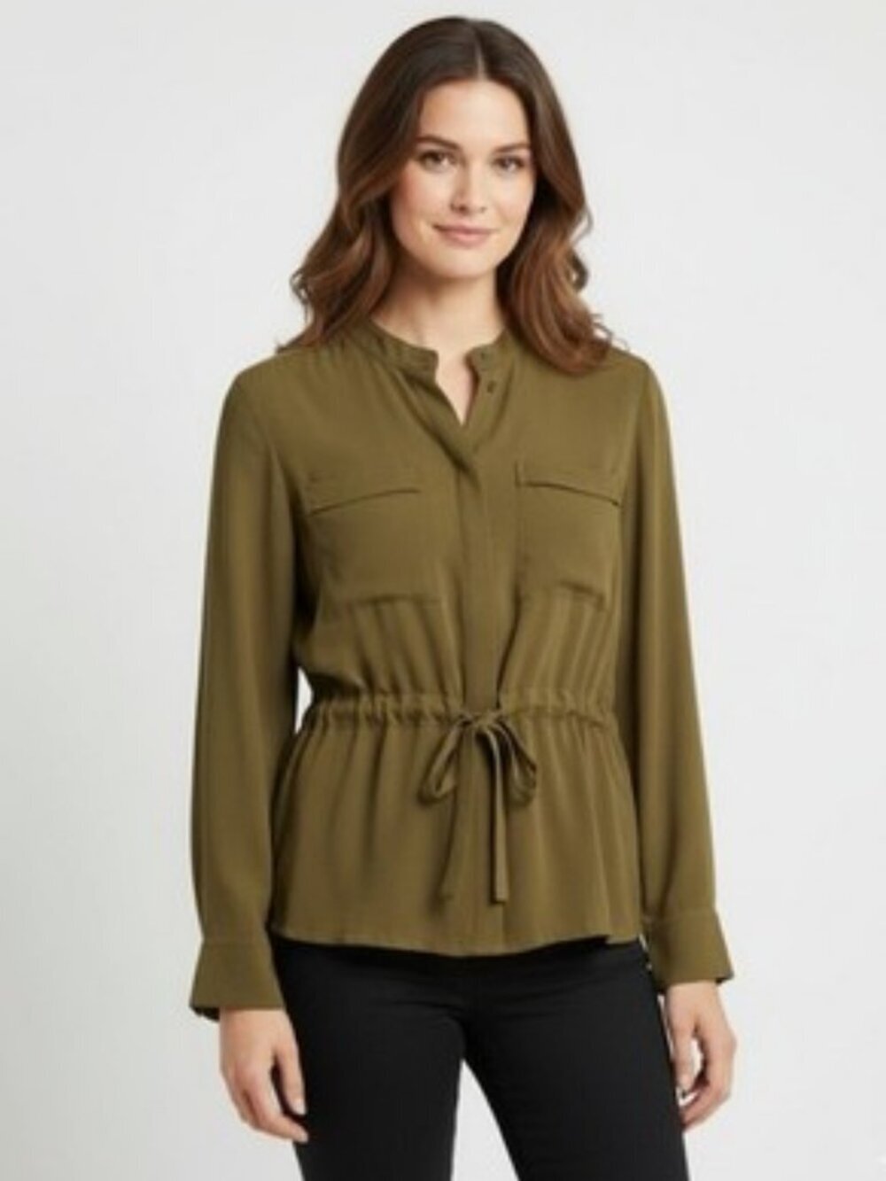 Banana Republic Tie Waist Utility Blouse Long Sleeves Sz Sml Khaki Green